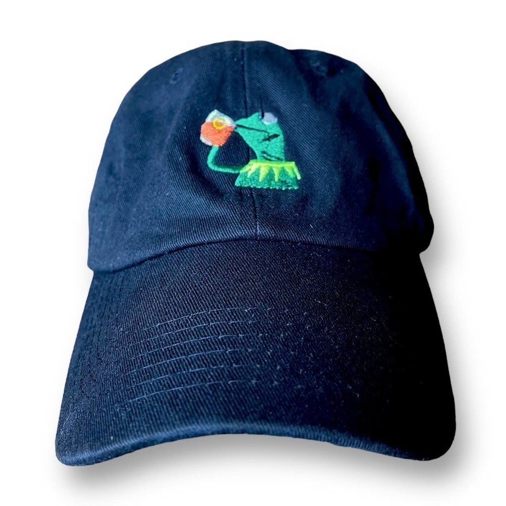 Frog Sipping Tea Meme Hat Black Adjustable Ball cap